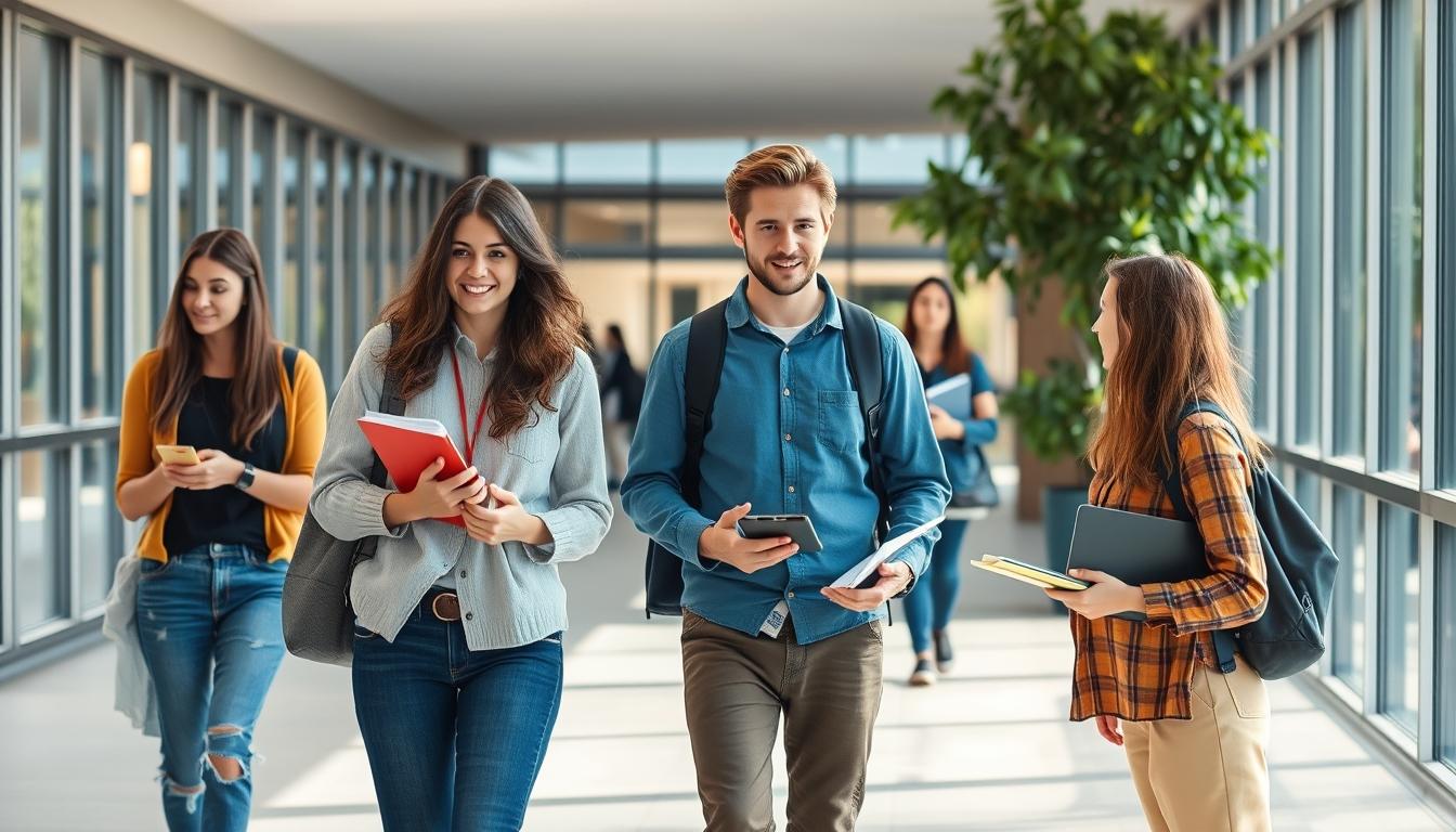 Students studying together in modern classroom